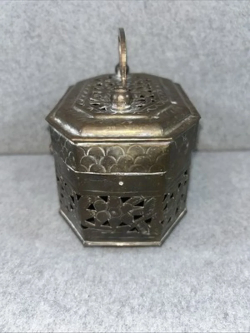 Brass Octagonal Latched Cricket Jewelry Box unpolished 5.5”x 4” Made In India